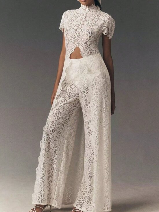 MODA ME COUTURE Dresses & Skirts - White Elegant Women's Lace Hollow Out Round Neck High Low Top